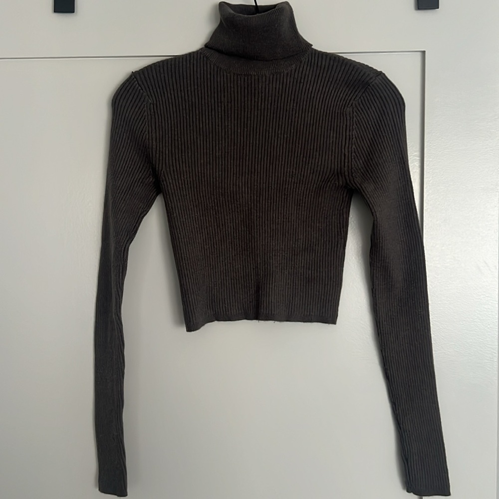 Zara Grey Ribbed Knit Cropped Turtleneck
